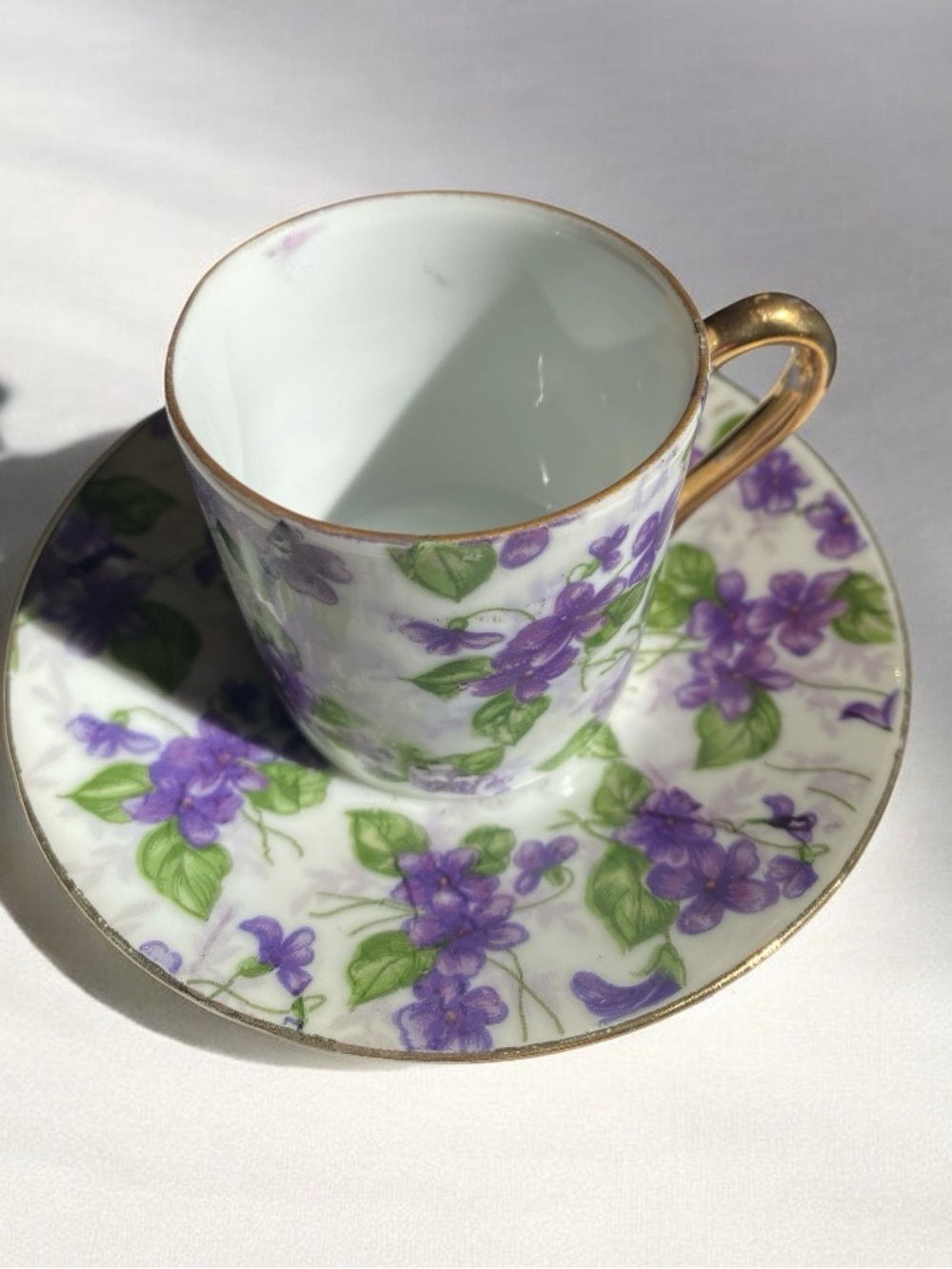 Demitasse Purple Violet Floral Porcelain Teacup and Saucer with Gold Gilt-Japan